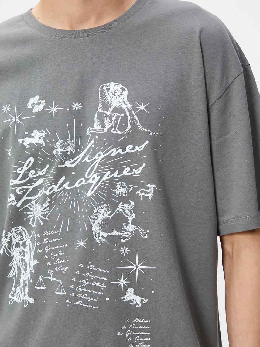   Oversize Tişört Astroloji Temalı Baskılı Bisiklet Yaka Pamuklu