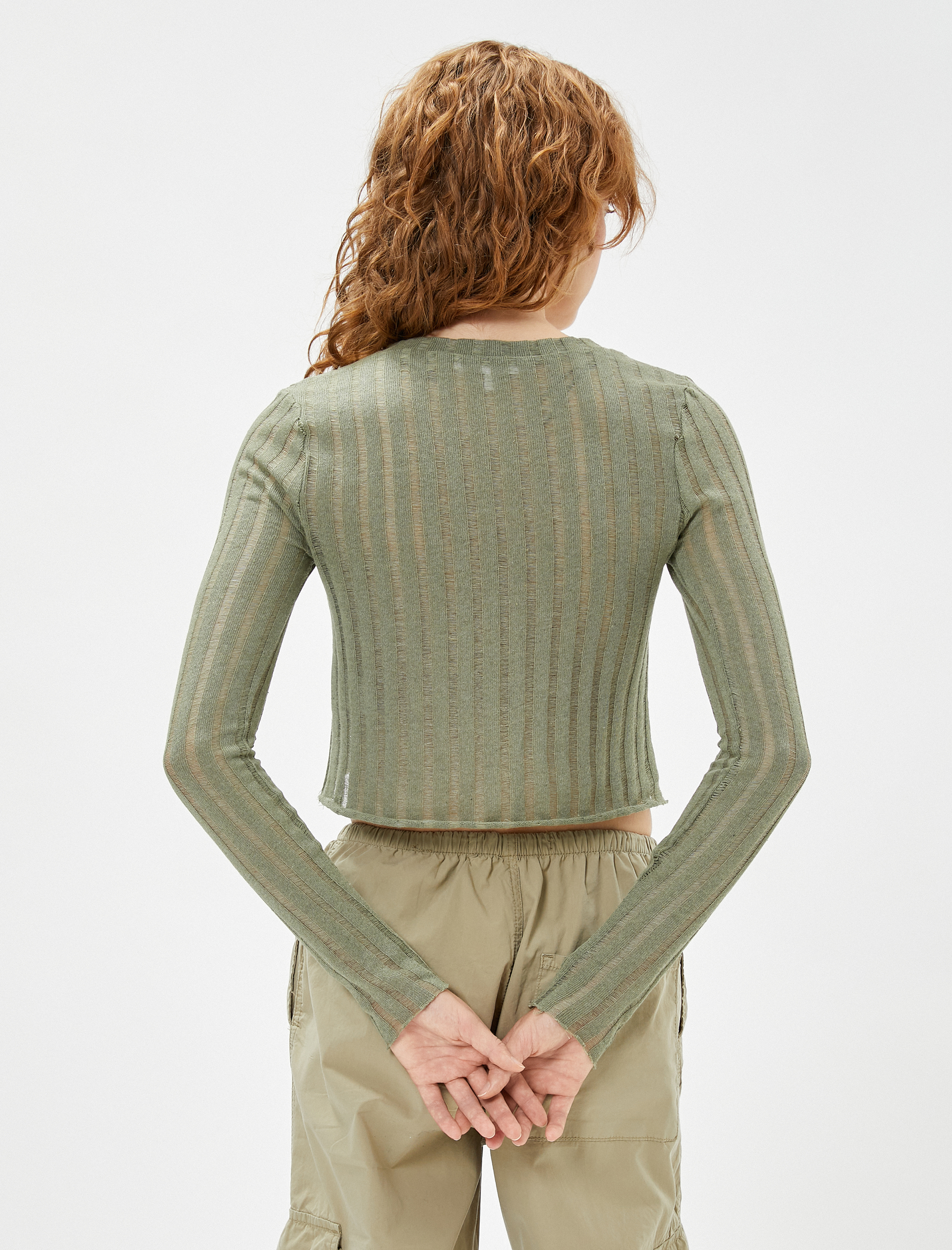 Uzun Kollu Tişört Dar Kesim Bisiklet Yaka Ajurlu