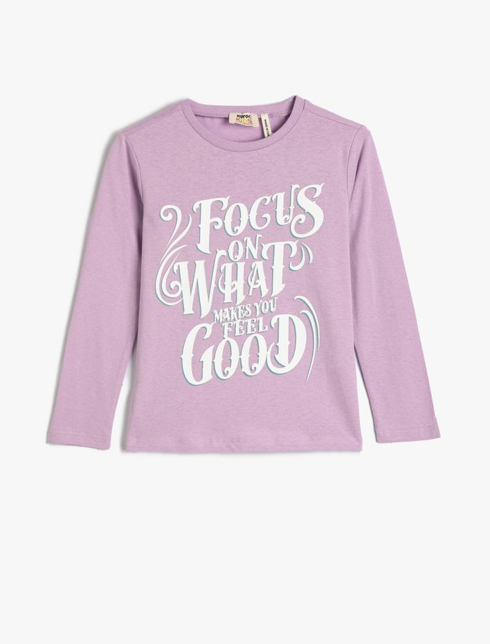 Kız Çocuk Tişört Uzun Kollu Bisiklet Yaka Baskılı Pamuklu