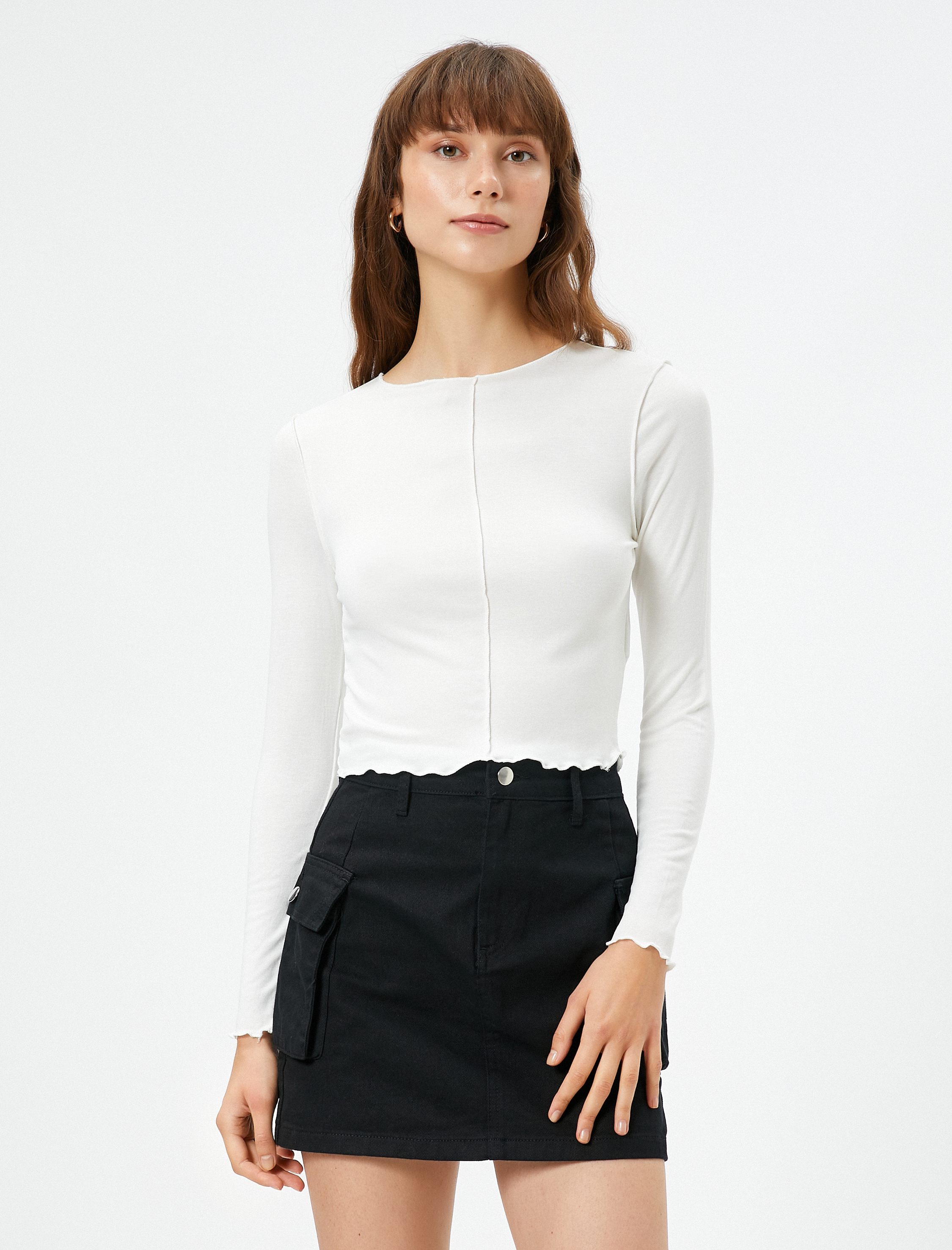   Uzun Kollu Tişört Bisiklet Yaka Dikiş Detaylı