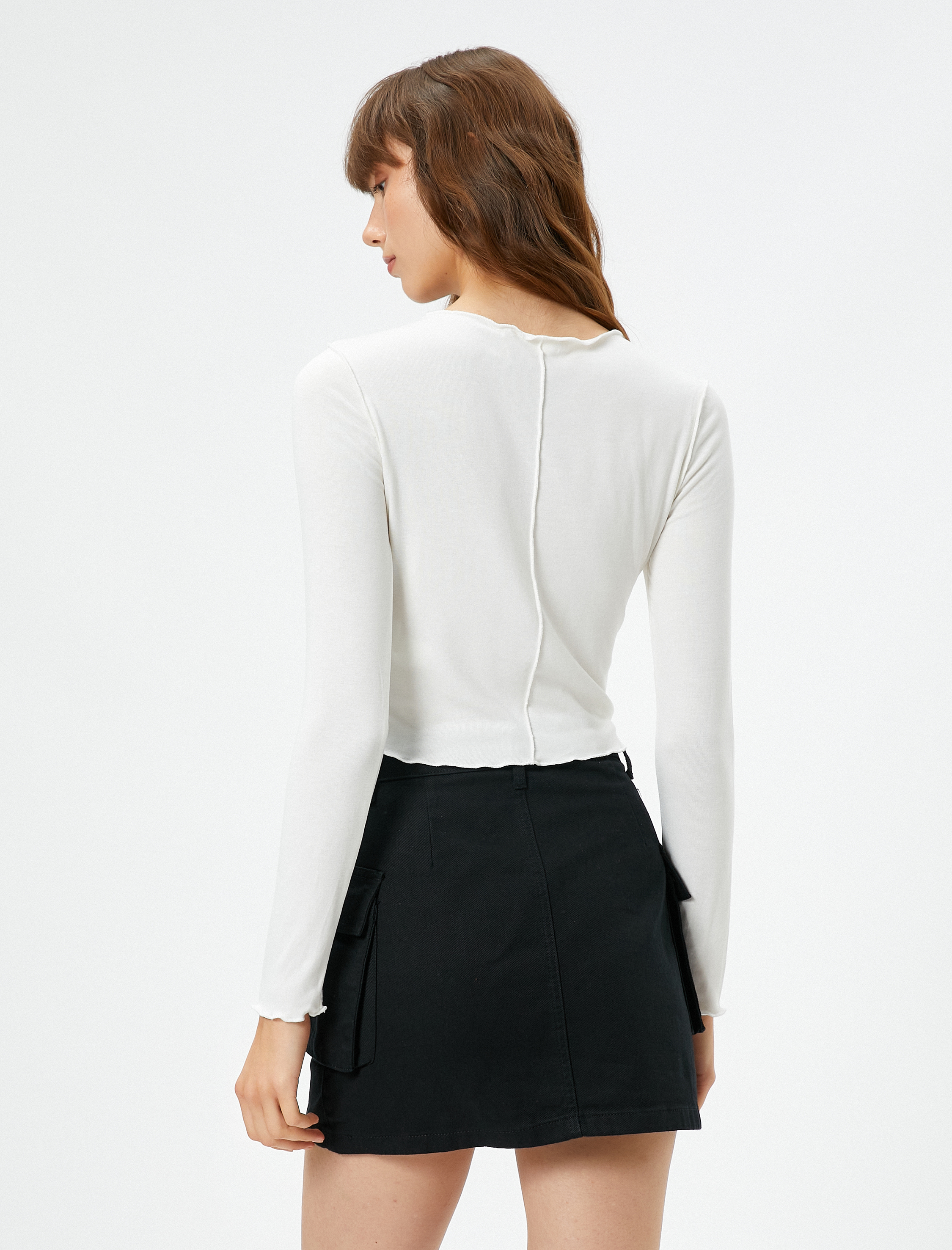   Uzun Kollu Tişört Bisiklet Yaka Dikiş Detaylı