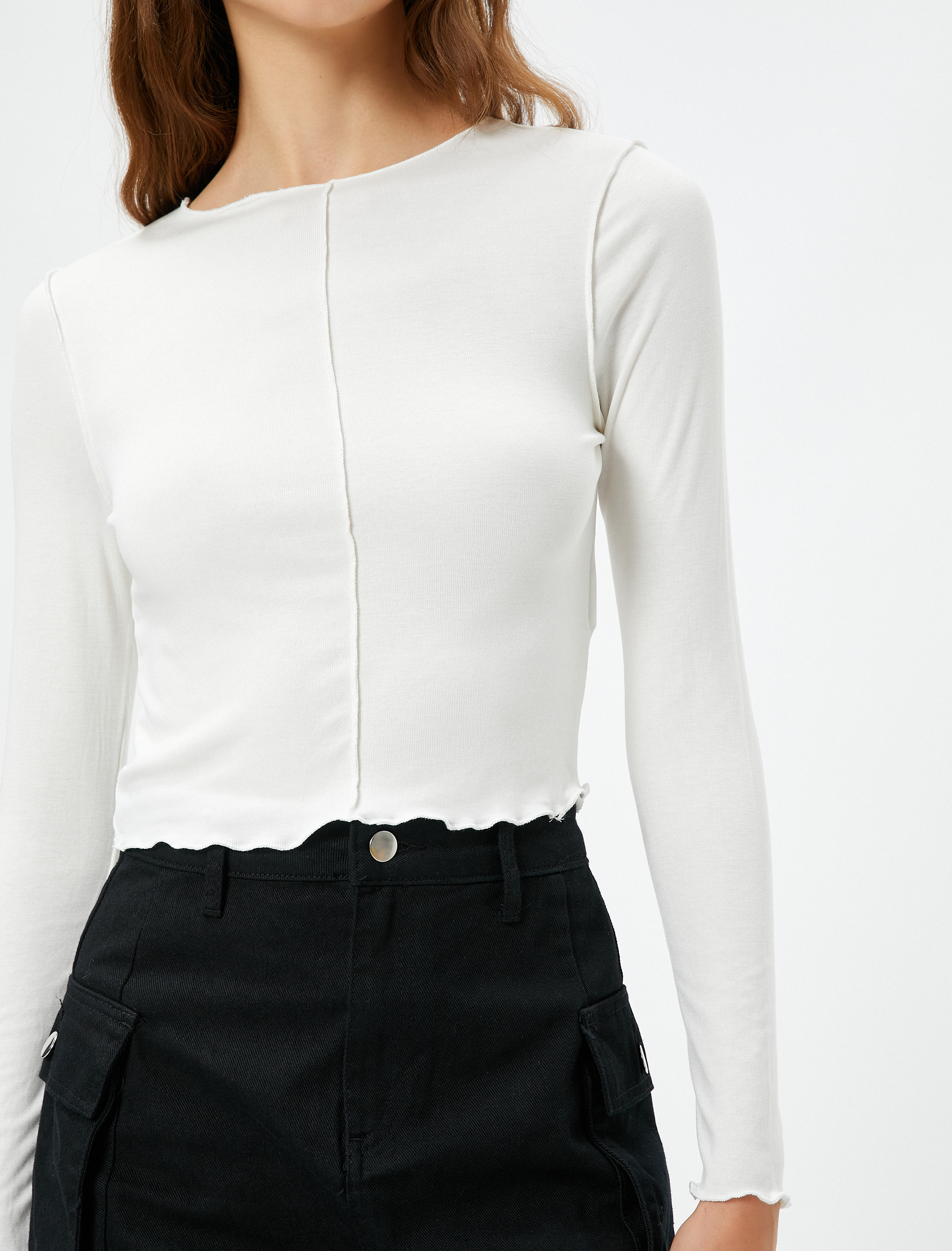   Uzun Kollu Tişört Bisiklet Yaka Dikiş Detaylı