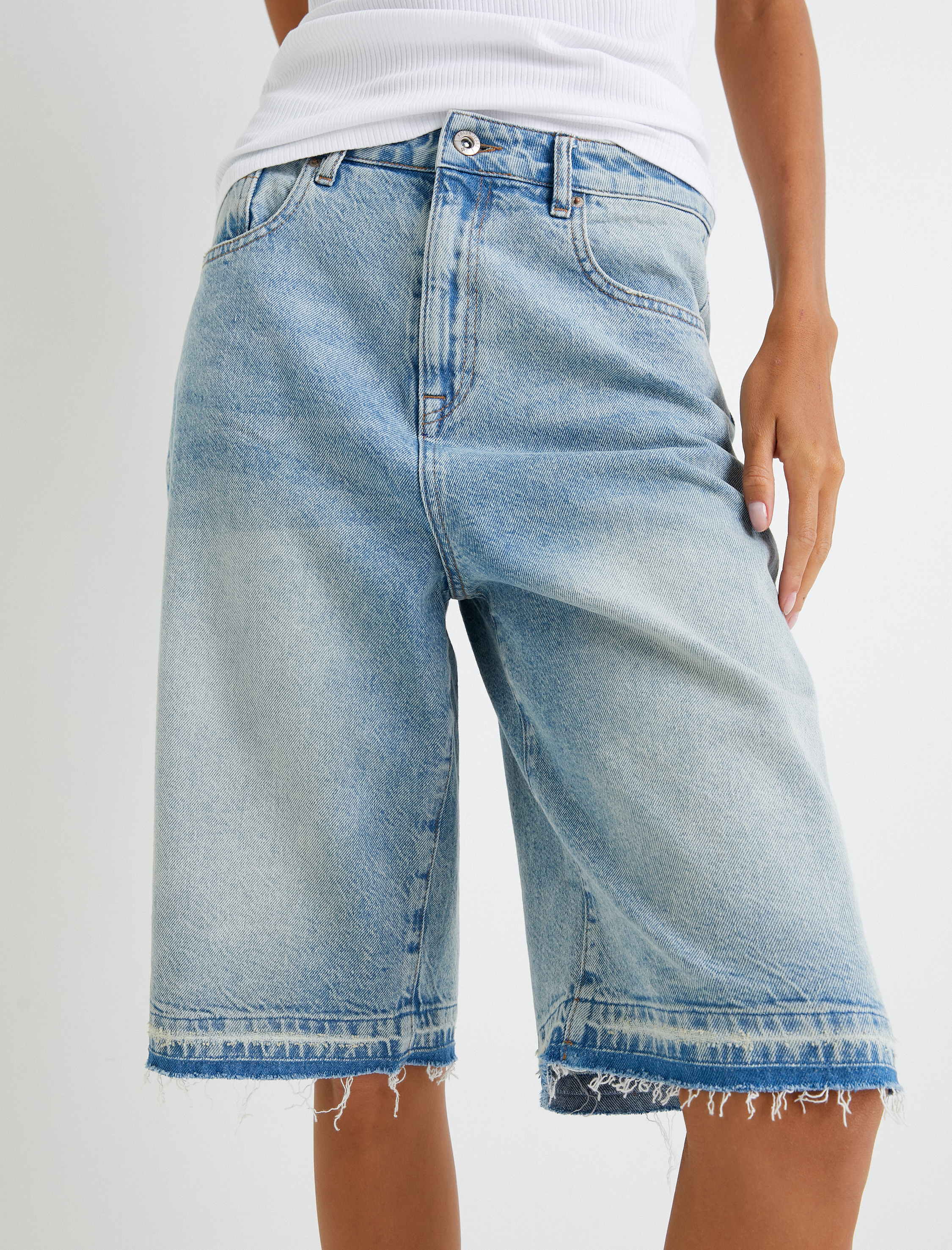   Bermuda Kot Şort Düz Kesik Paça Cepli Pamuklu