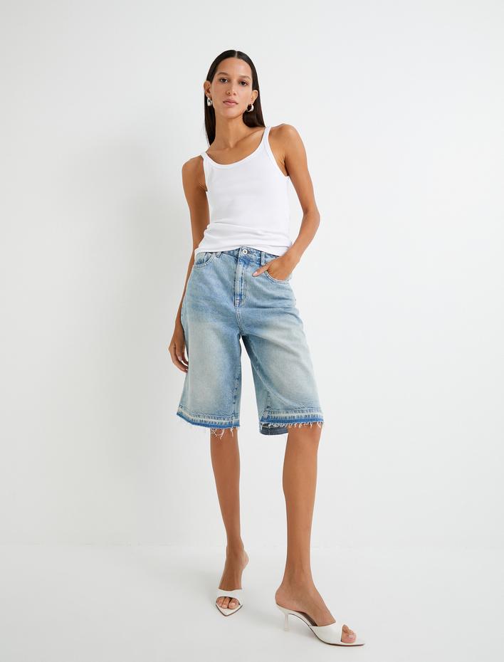  Bermuda Kot Şort Düz Kesik Paça Cepli Pamuklu