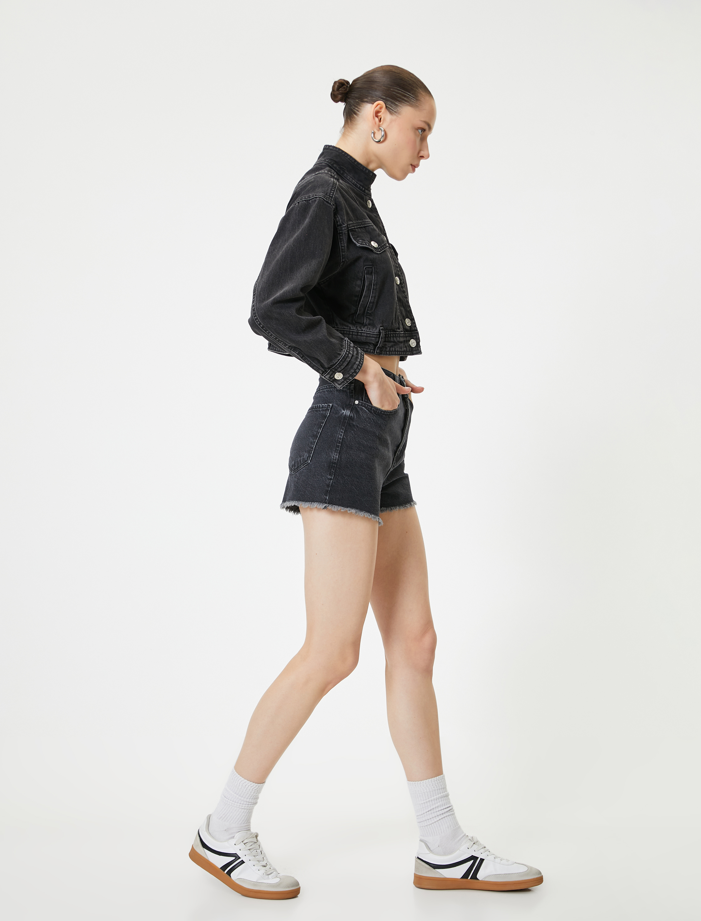   Mini Kot Şort Yüksek Bel Cep Detaylı