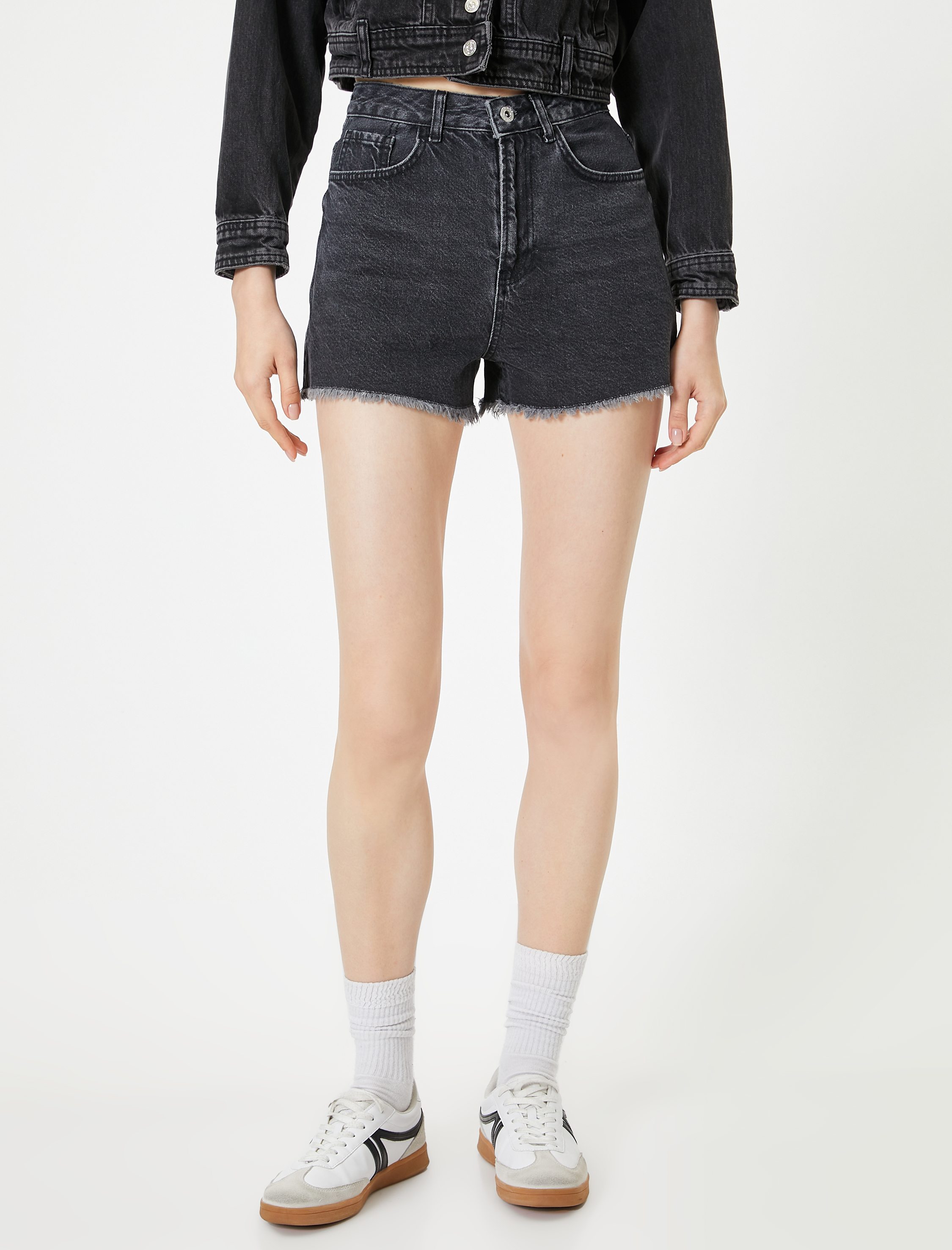   Mini Kot Şort Yüksek Bel Cep Detaylı