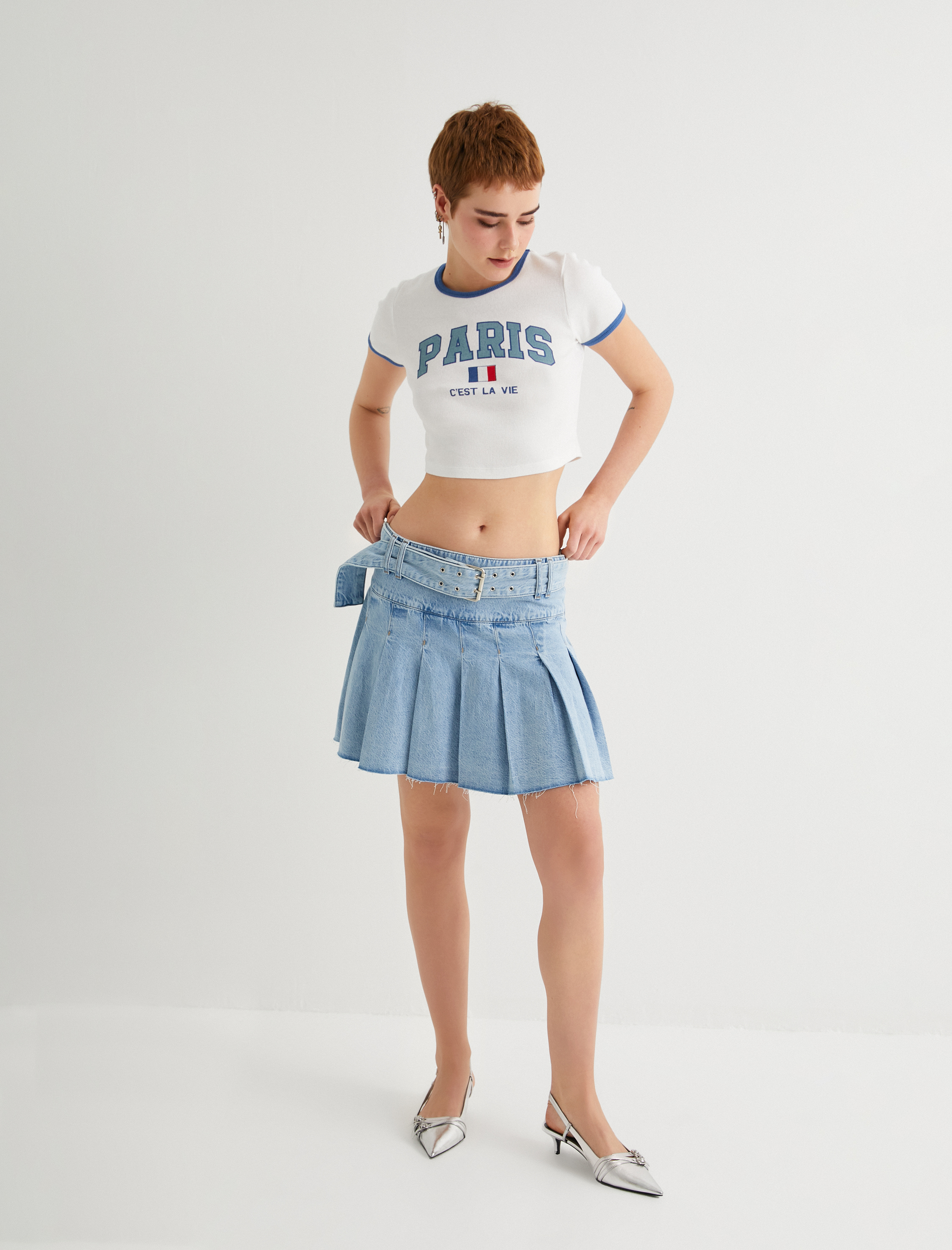   Pileli Kot Etek Mini Kemer Detaylı