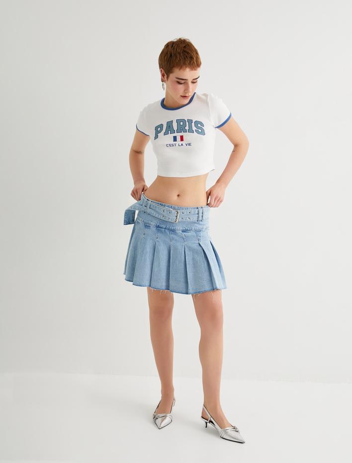  Pileli Kot Etek Mini Kemer Detaylı