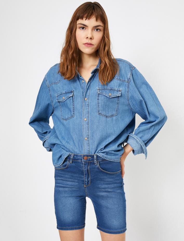  Cep Detaylı Jean Şort