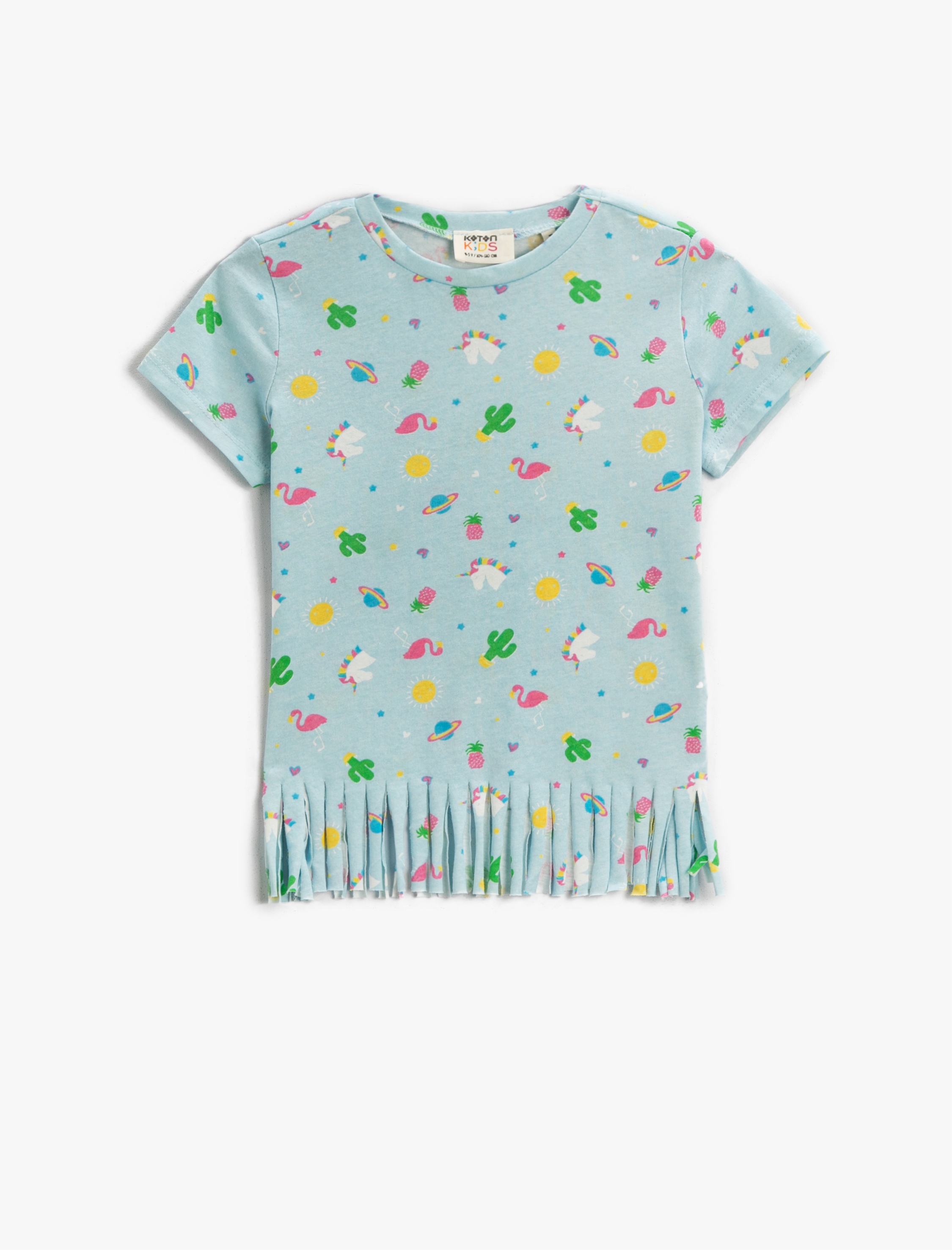  Kız Çocuk Püsküllü Tişört Unicorn Baskılı Bisiklet Yaka Kısa Kollu Pamuklu