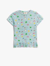 Püsküllü Tişört Unicorn Baskılı Bisiklet Yaka Kısa Kollu Pamuklu