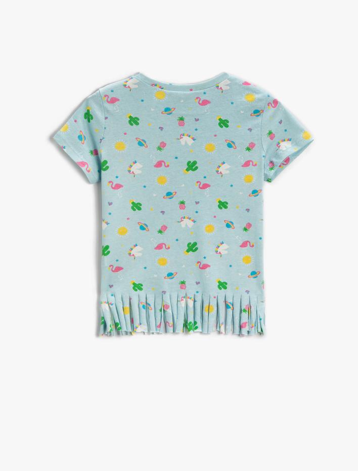 Kız Çocuk Püsküllü Tişört Unicorn Baskılı Bisiklet Yaka Kısa Kollu Pamuklu