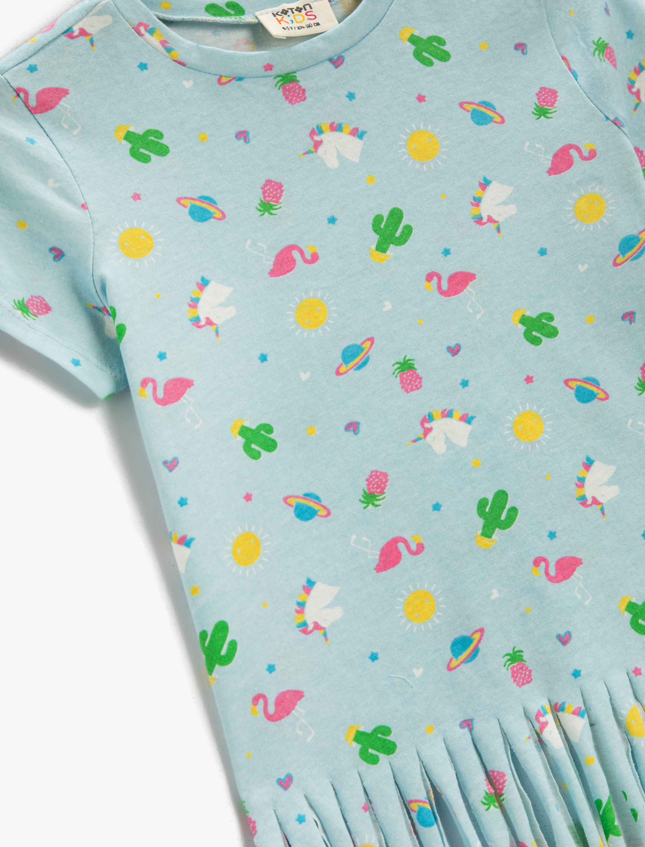  Kız Çocuk Püsküllü Tişört Unicorn Baskılı Bisiklet Yaka Kısa Kollu Pamuklu