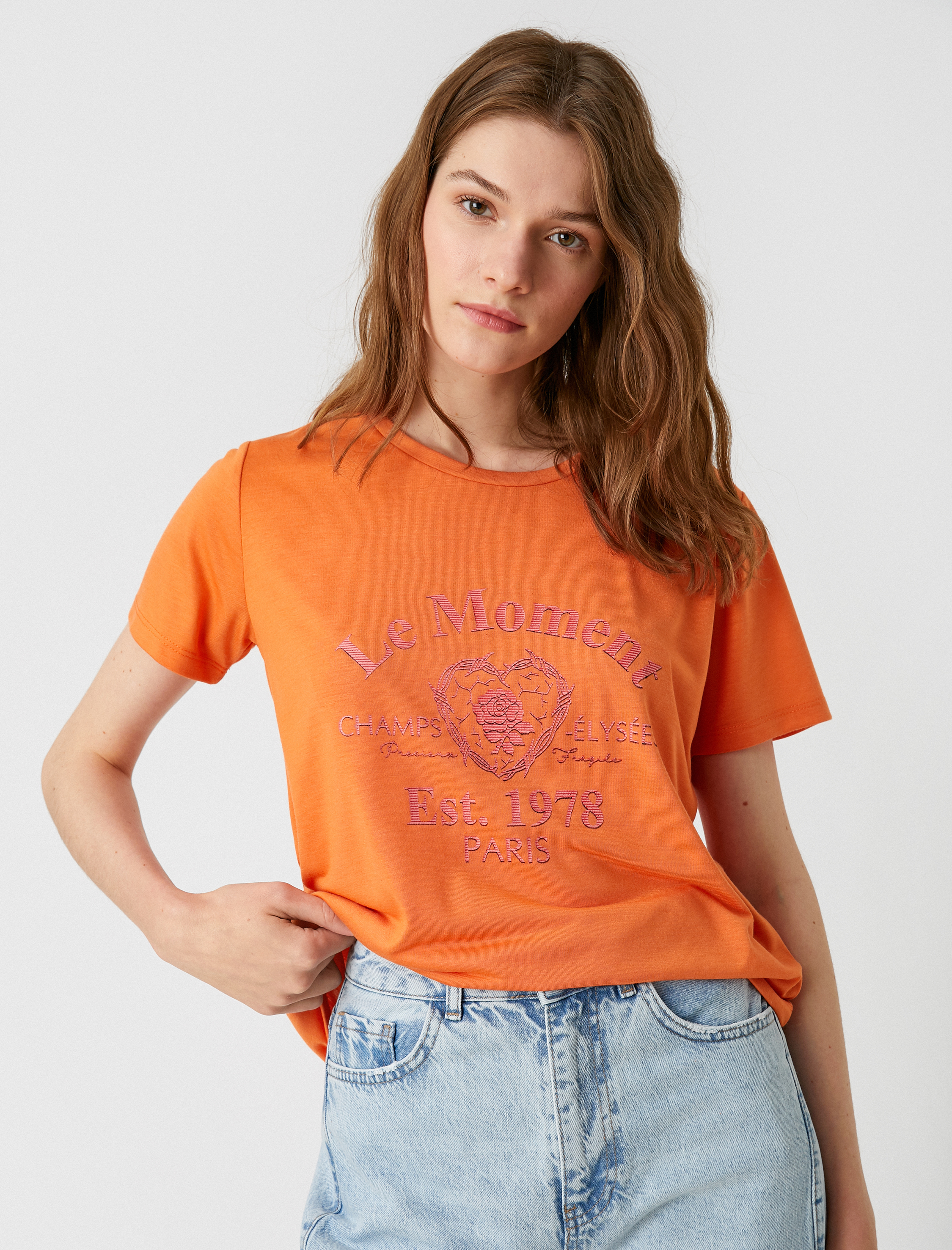   Yazı Baskılı Tişört Bisiklet Yaka Kısa Kollu