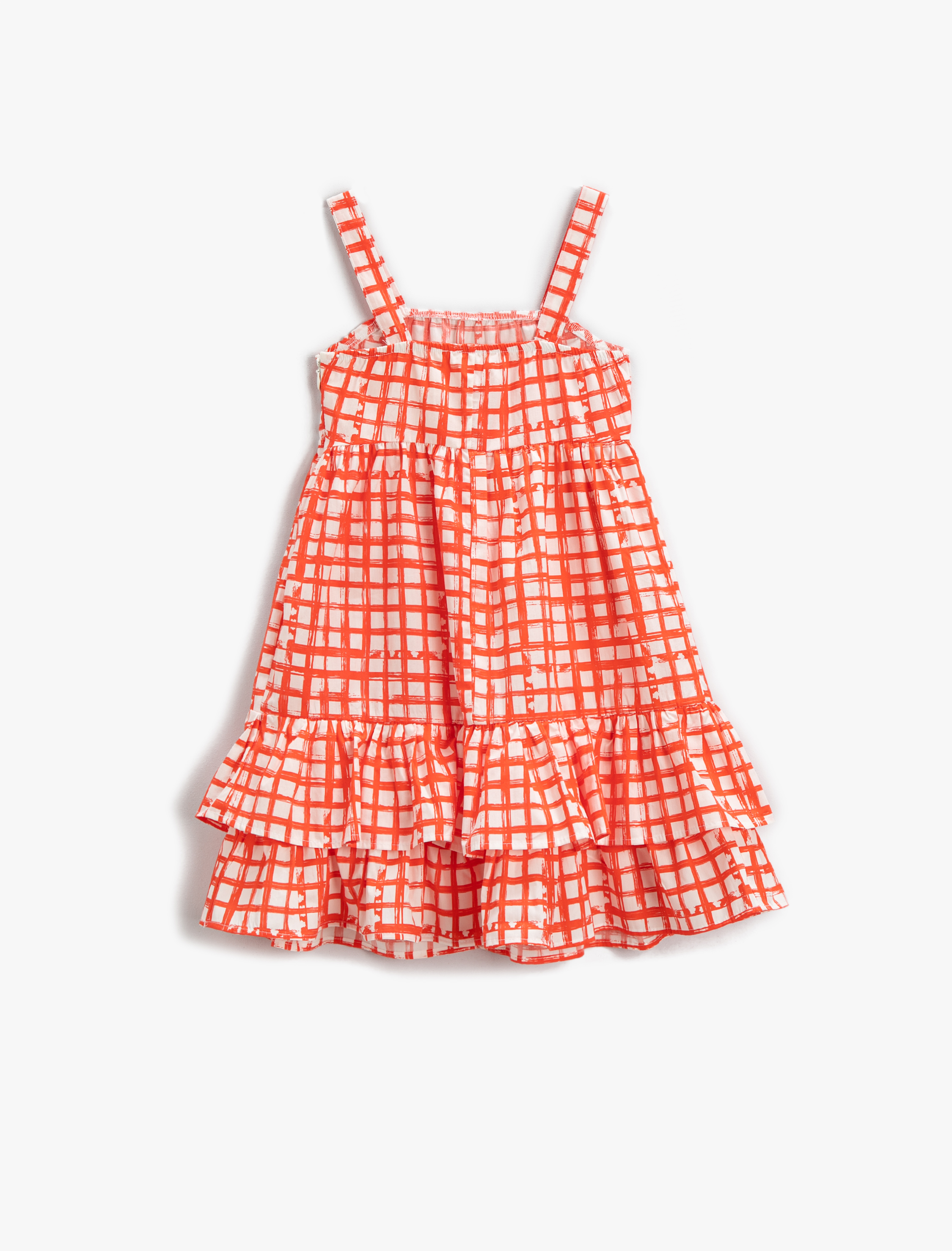  Kız Çocuk Elbise Kareli Midi Askılı Fırfırlı Pamuklu