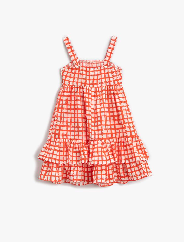 Kız Çocuk Elbise Kareli Midi Askılı Fırfırlı Pamuklu