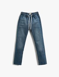 Kot Pantolon Rahat Kesim Beli Bağlamalı Pamuklu Cepli - Loose Jean