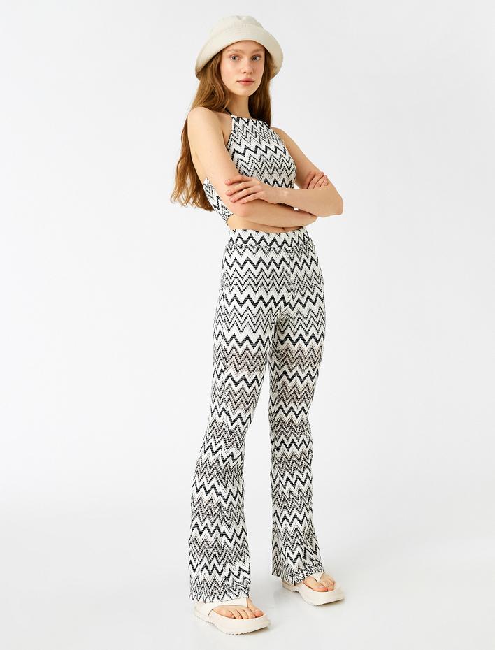  İspanyol Paça Pantolon Desenli Yüksek Bel