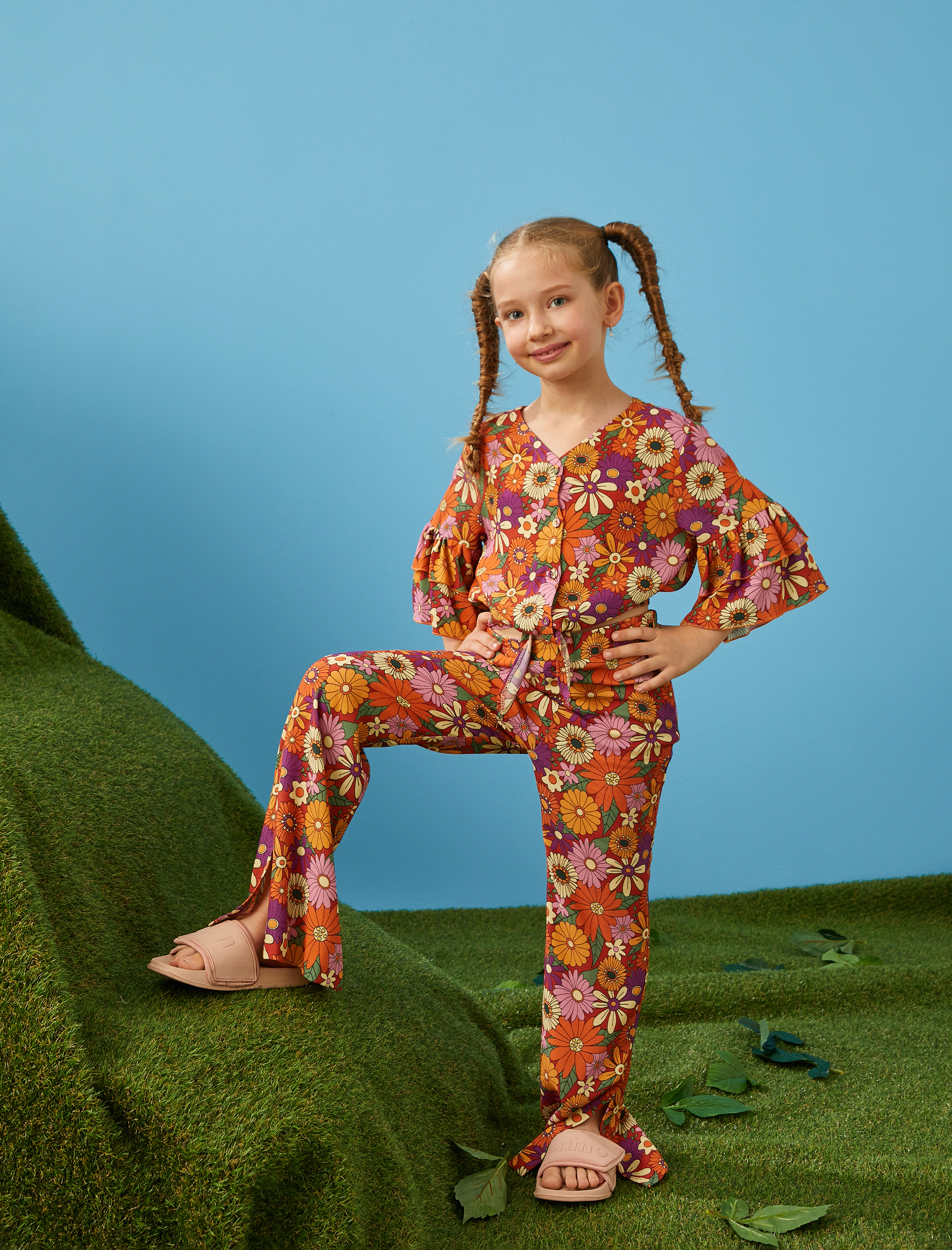  Kız Çocuk Çiçekli İspanyol Paça Pantolon