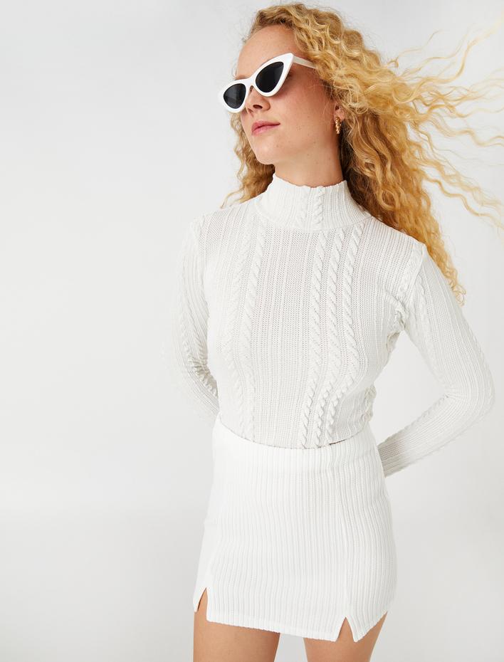  Boğalı Kazak Örgü Detaylı Uzun Kollu