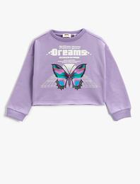 Crop Sweatshirt Baskılı Bisiklet Yaka