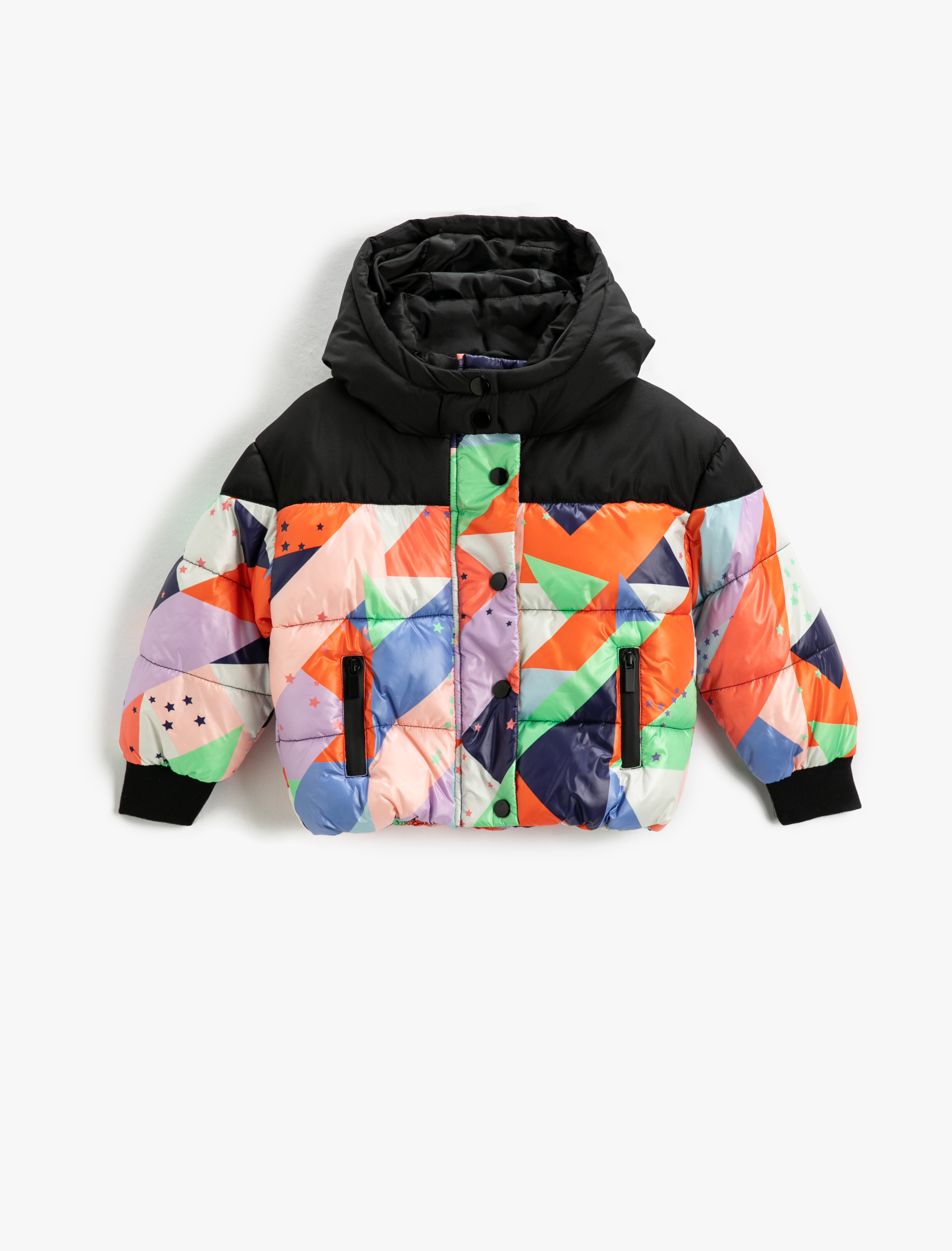  Kız Çocuk Şişme Mont Kapüşonlu Geometrik Desenli