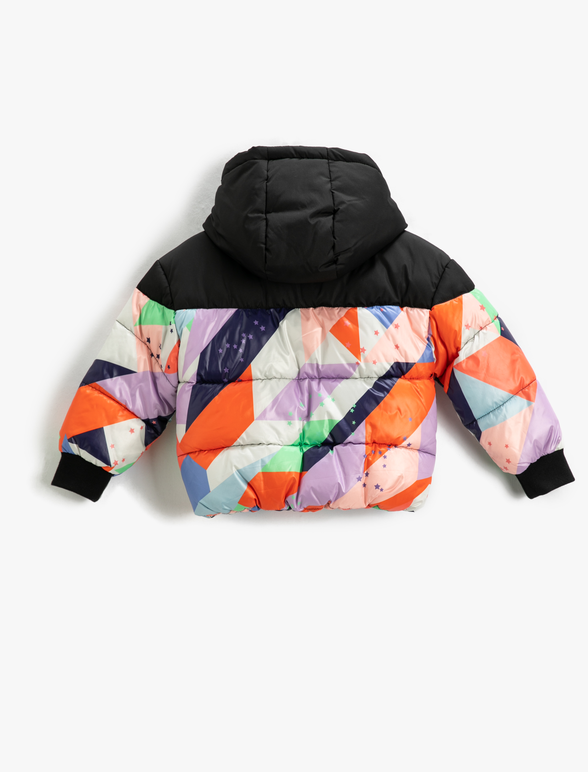  Kız Çocuk Şişme Mont Kapüşonlu Geometrik Desenli