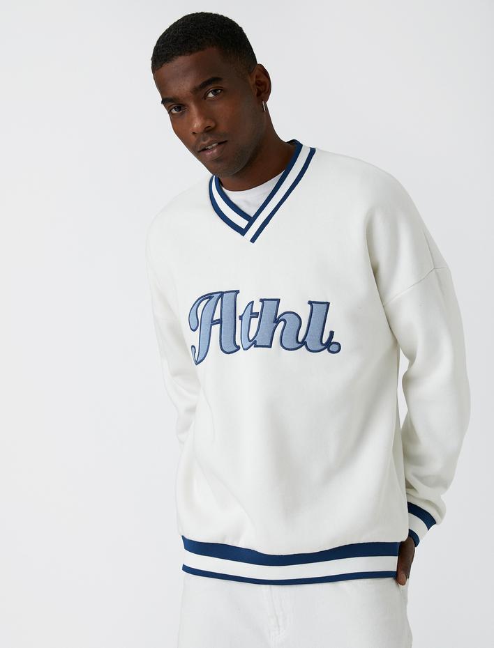  Kolej İşlemeli Oversize Sweatshirt Şardonlu V Yaka