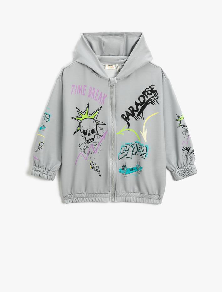 Erkek Çocuk Fermuarlı Kapüşonlu Sweatshirt Baskılı