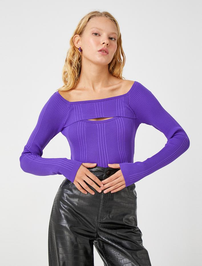  Triko Omzu Açık Madonna Yaka Kazak Pencere Detaylı