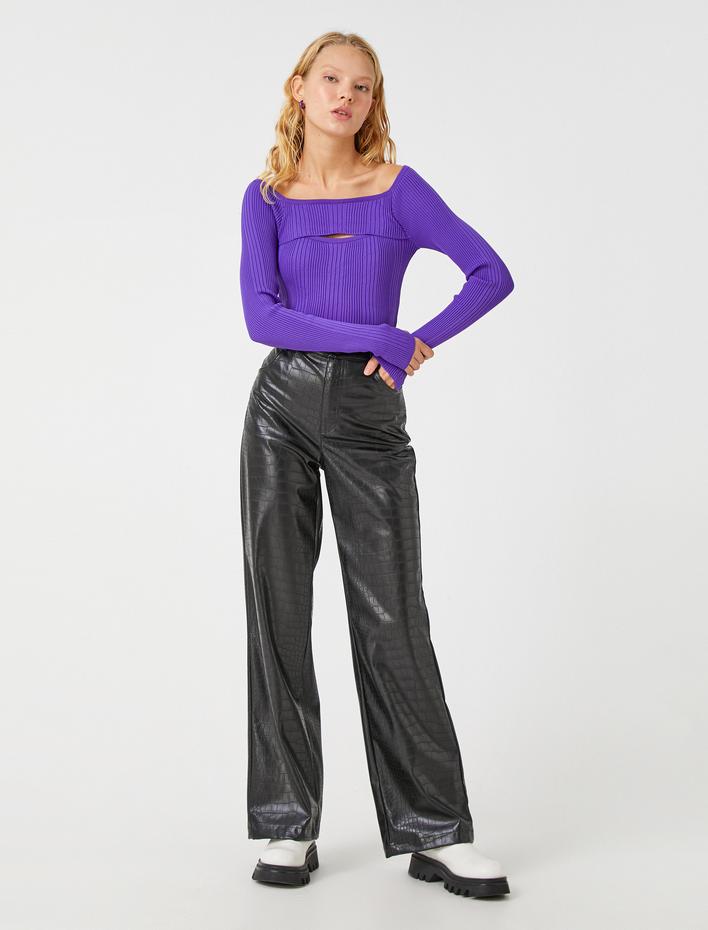  Triko Omzu Açık Madonna Yaka Kazak Pencere Detaylı