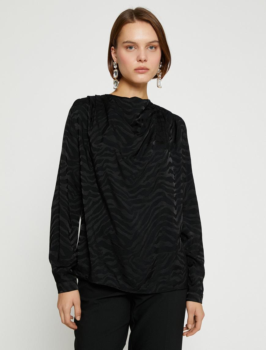   Zebra Desenli Degaje Yaka Bluz