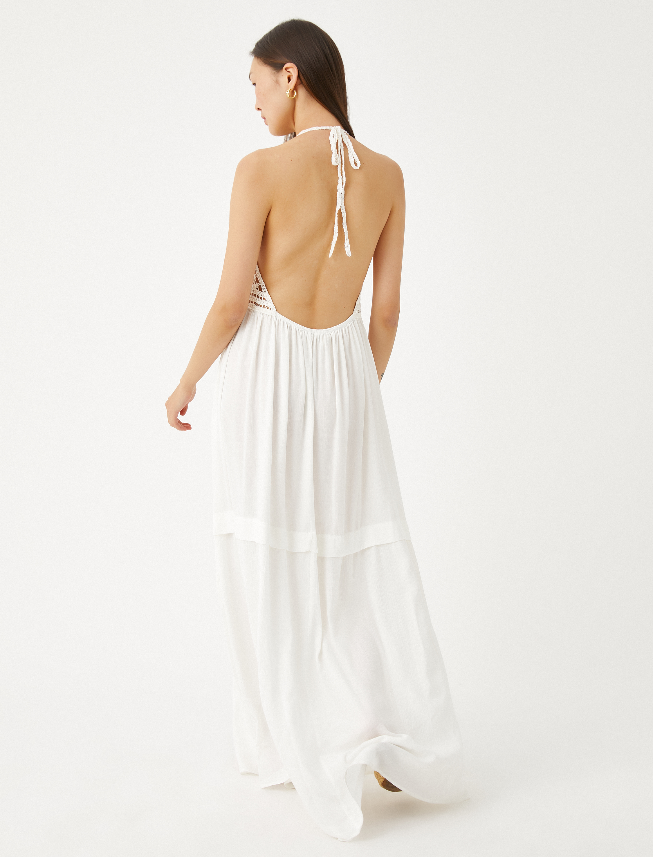   Uzun Viskon Elbise Kroşe Detaylı Halter Yaka