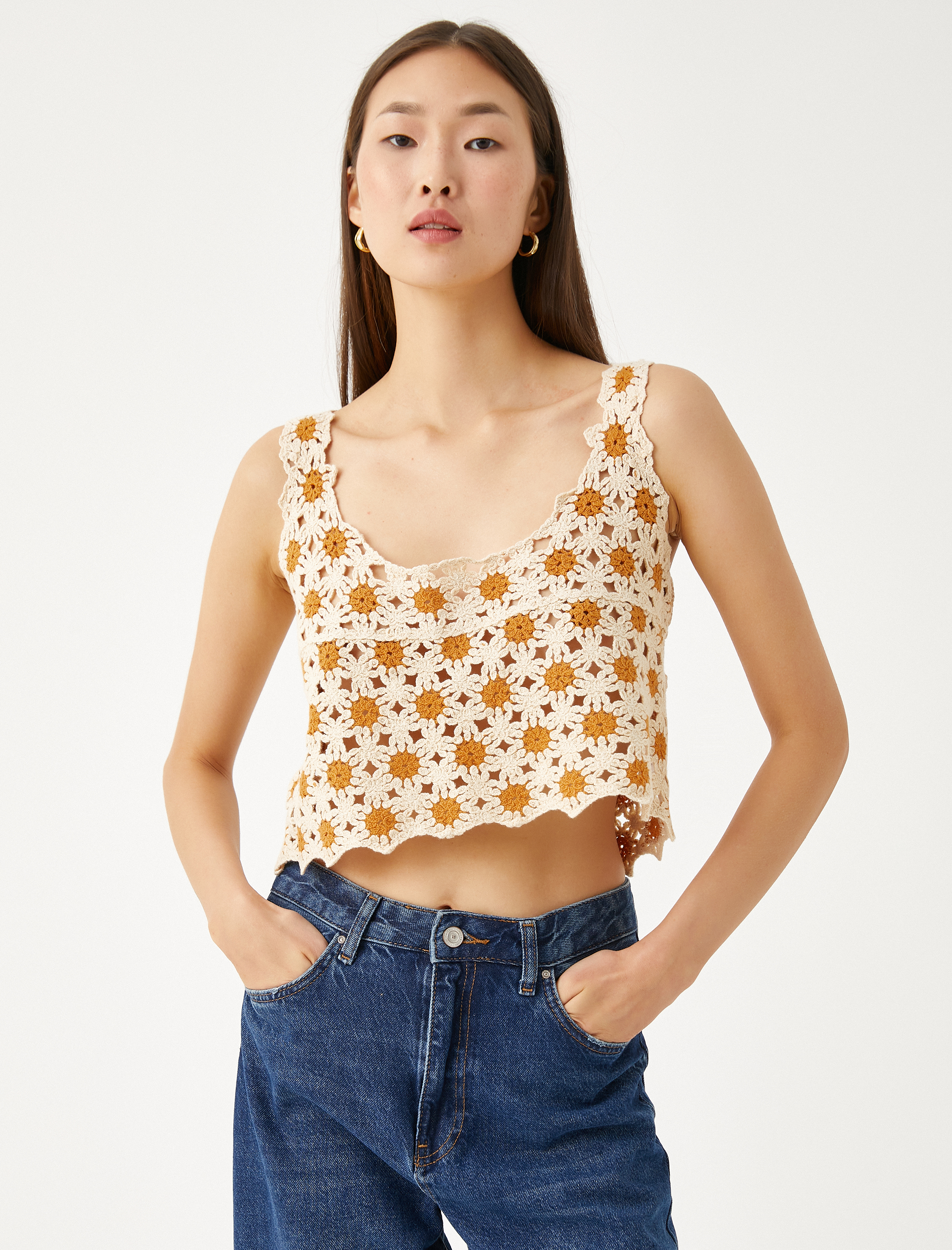   Crop Büstiyer Kroşe Kare Yaka