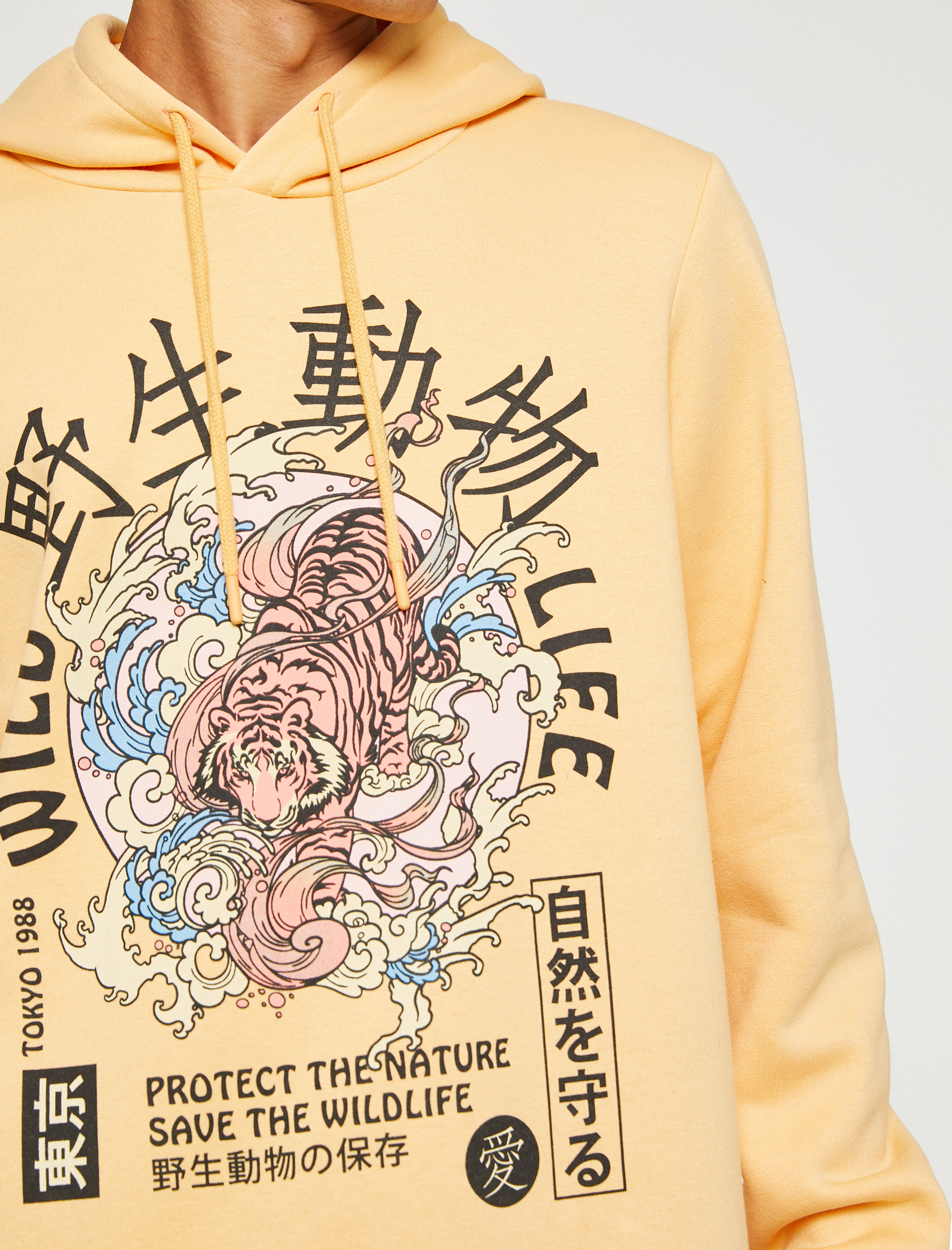   Basic Kapşonlu Sweatshirt Uzakdoğu Baskılı Şardonlu