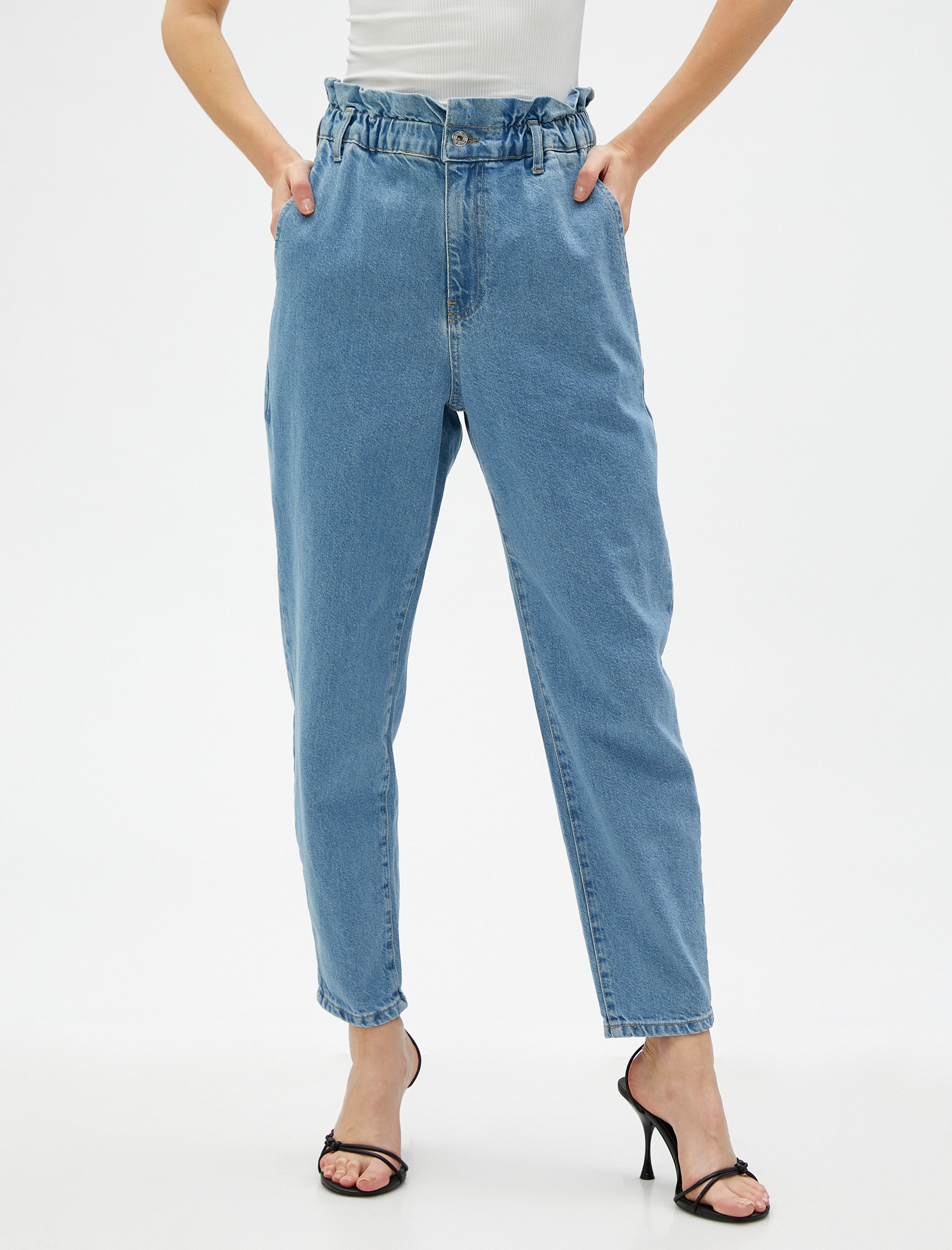   Kot Pantolon Beli Lastikli Rahat Kesim Yüksek Bel - Baggy Jean