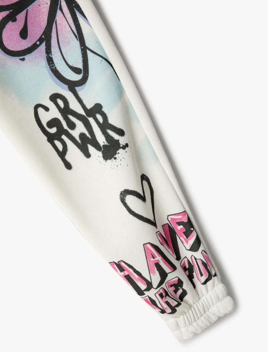  Kız Çocuk Grafiti Temalı Çiçek Baskılı Eşofman Altı Cepli Beli Lastikli