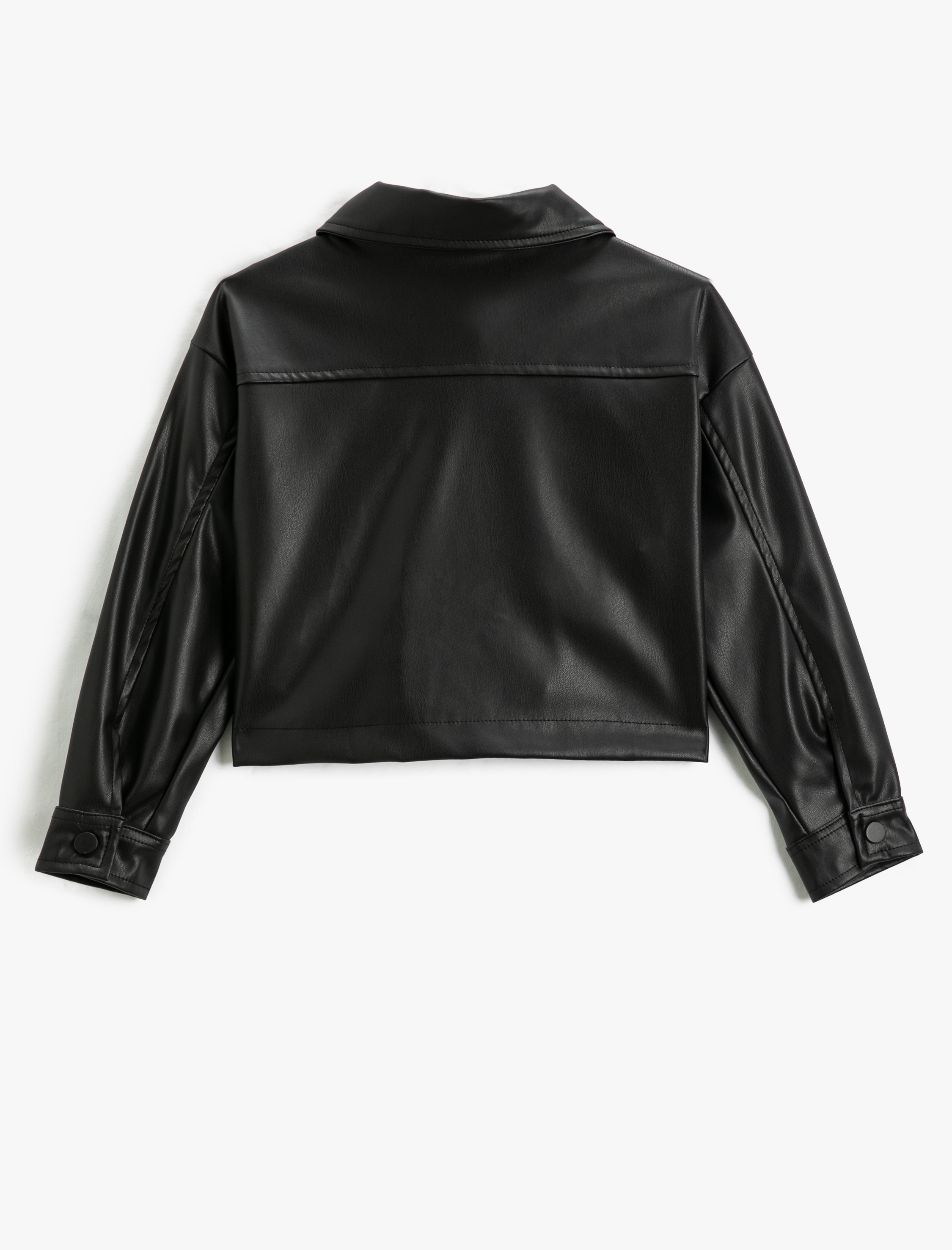  Kız Çocuk Crop Deri Görünümlü Ceket Cepli Düğmeli