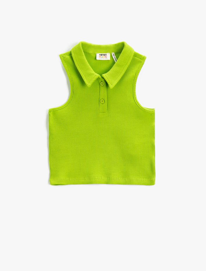 Kız Çocuk Crop Üst Polo Yaka Düğmeli Kolsuz Ribanalı