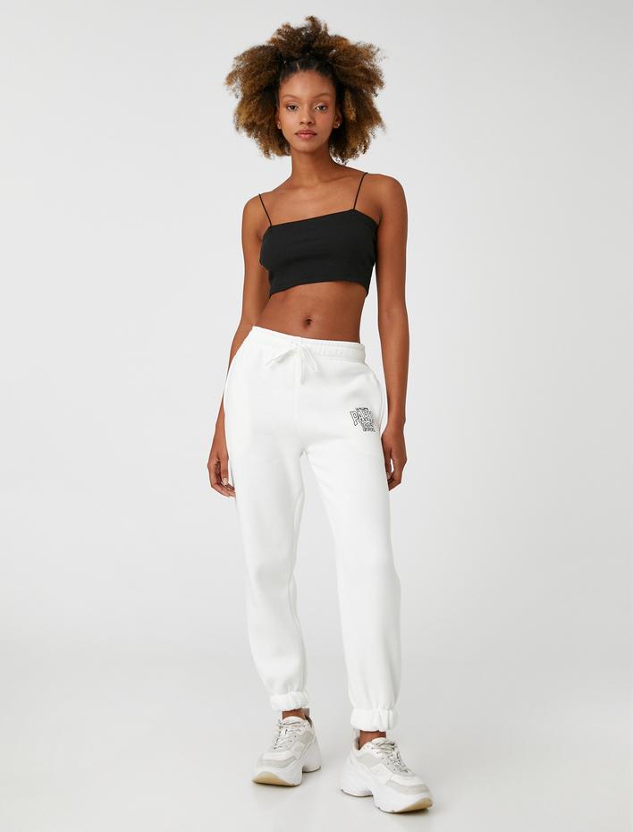  Şardonlu Jogger Eşofman Altı İşlemeli Cep Detaylı Paçası Beli Lastikli