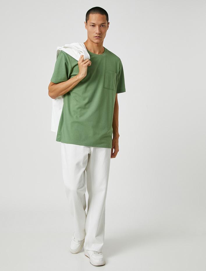  Basic Tişört Bisiklet Yaka Cep Detaylı Kısa Kollu