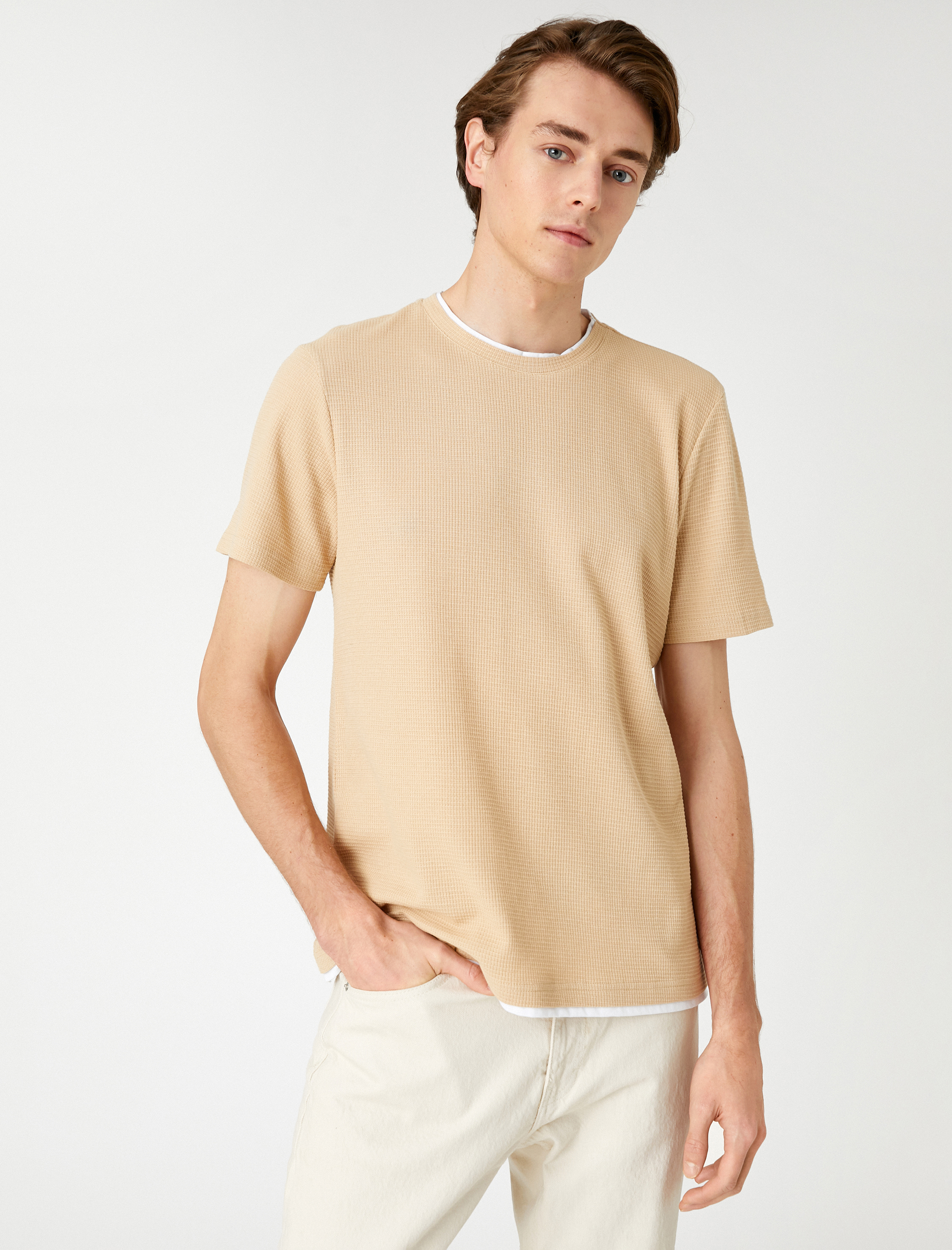   Basic Dokuma Tişört Bisiklet Yaka Kısa Kollu Dar Kesim