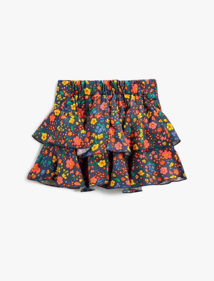 Kız Çocuk Çiçekli Mini Etek Fırfırlı Katlı Beli Lastikli