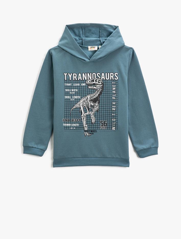 Erkek Çocuk Dinozor Baskılı Kapşonlu Sweatshirt Uzun Kollu
