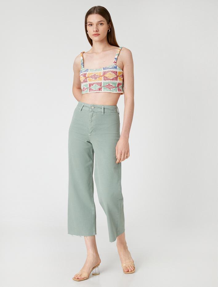  Geniş Kısa Paça Kot Pantolon Yüksek Bel