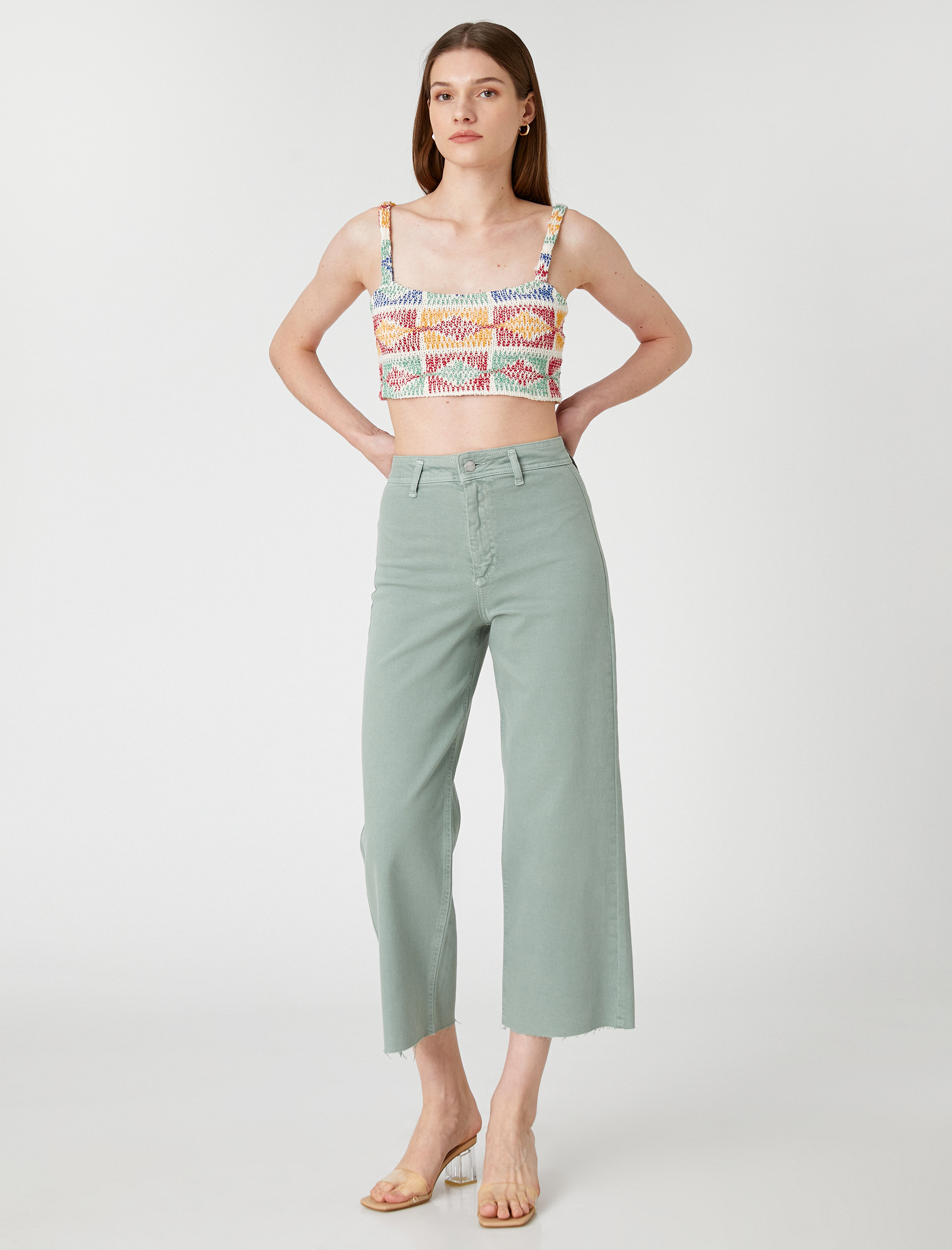   Geniş Kısa Paça Kot Pantolon Yüksek Bel