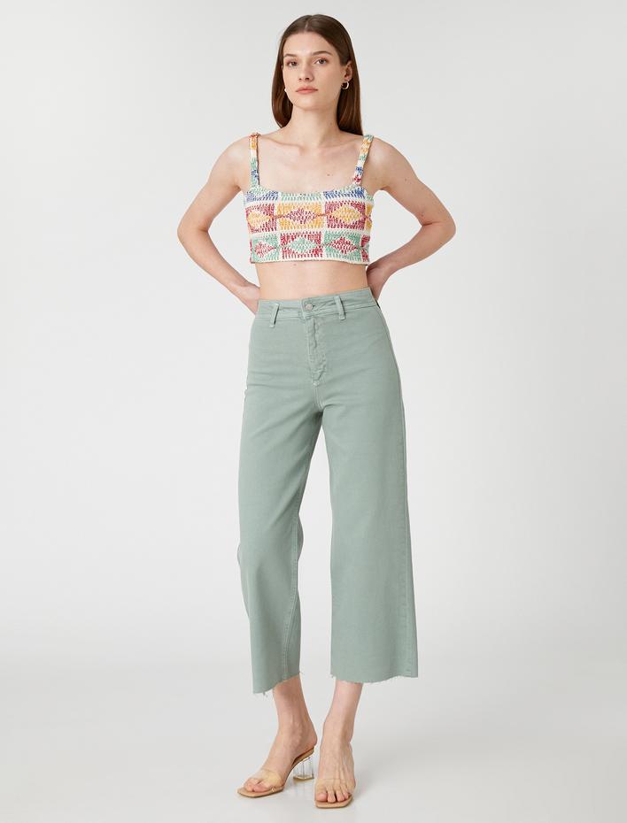  Geniş Kısa Paça Kot Pantolon Yüksek Bel