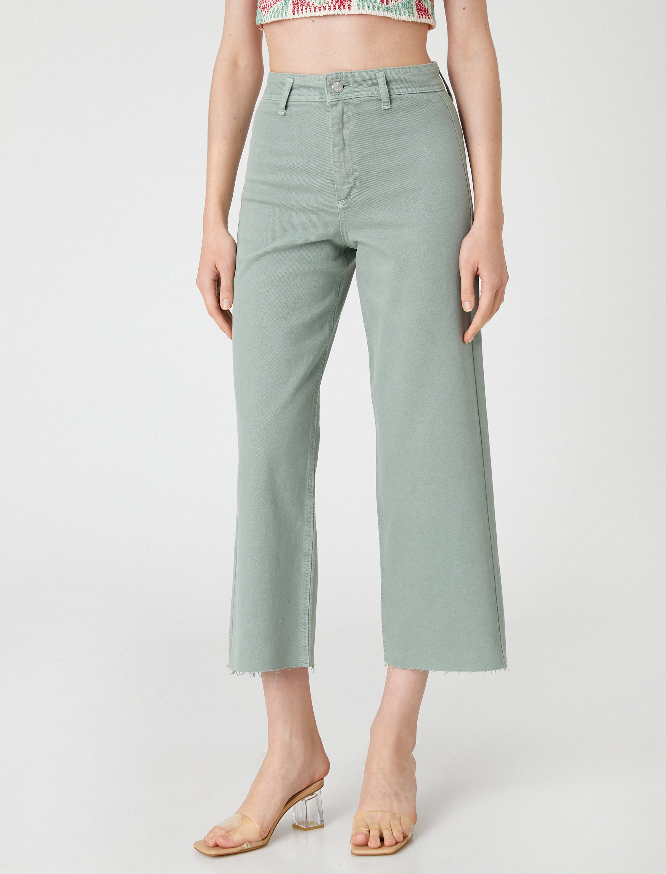   Geniş Kısa Paça Kot Pantolon Yüksek Bel