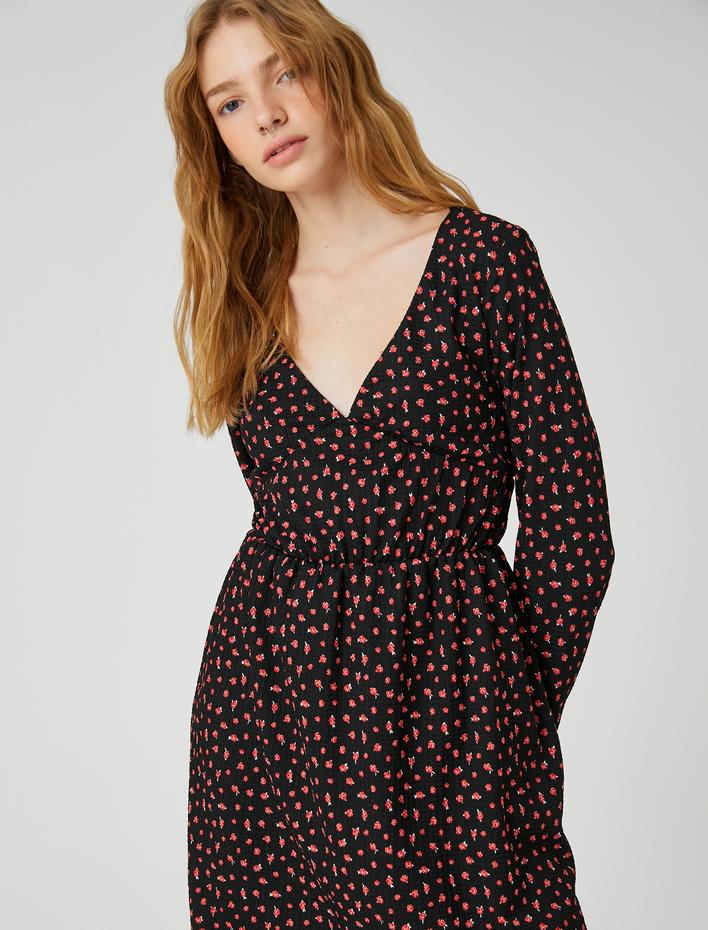  Çiçekli Elbise Mini Uzun Kollu V Yaka