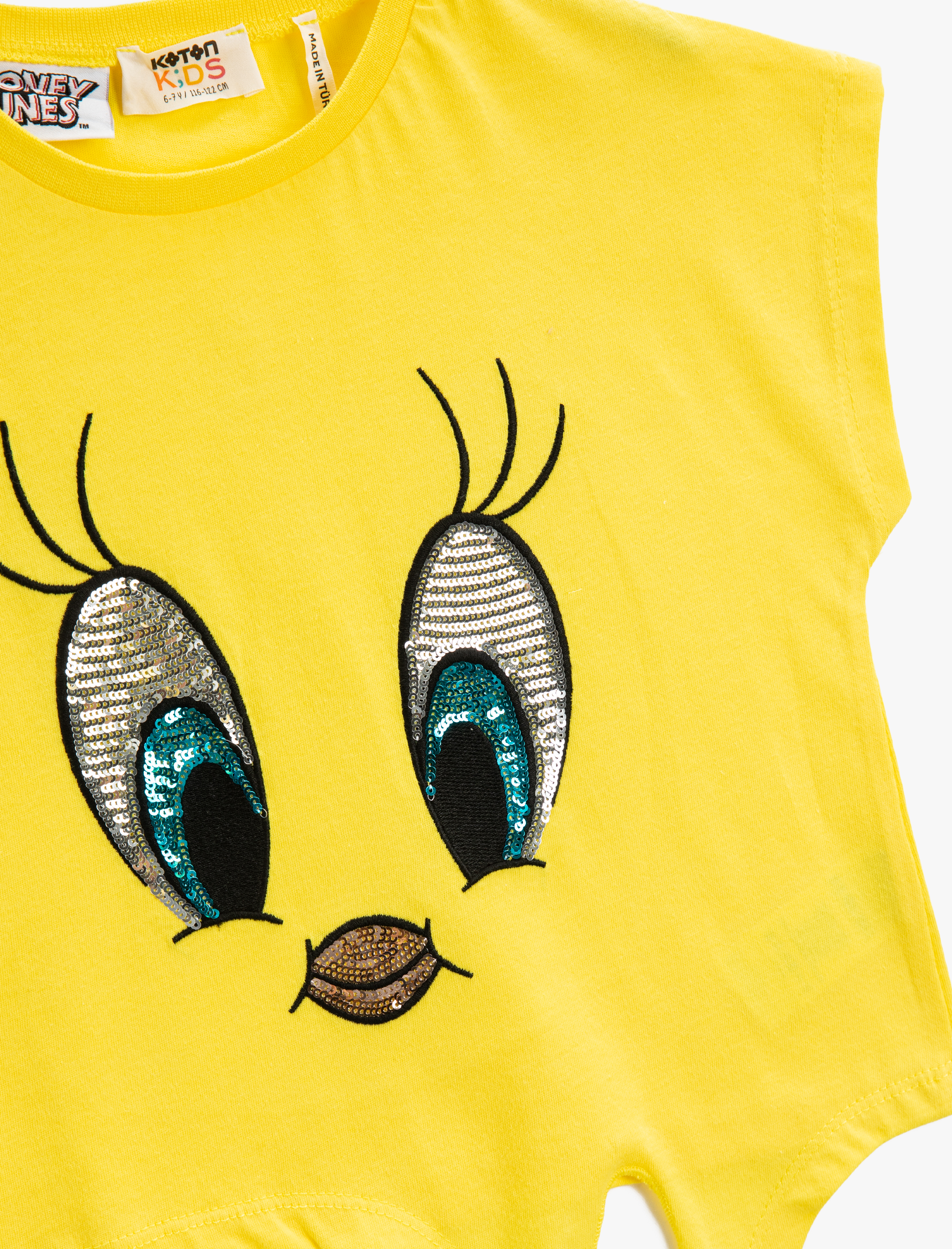  Kız Çocuk Tweety Tişört Lisanslı Pul Payet İşlemeli Kısa Kollu Beli Bağlamalı Bisiklet Yaka